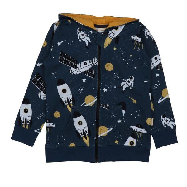 Kinder Sweatjacke GOTS-zertifiziert aus Bio-Baumwolle dunkelblau mit Space-Motiv & Kapuze – Walkiddy von Walkiddy