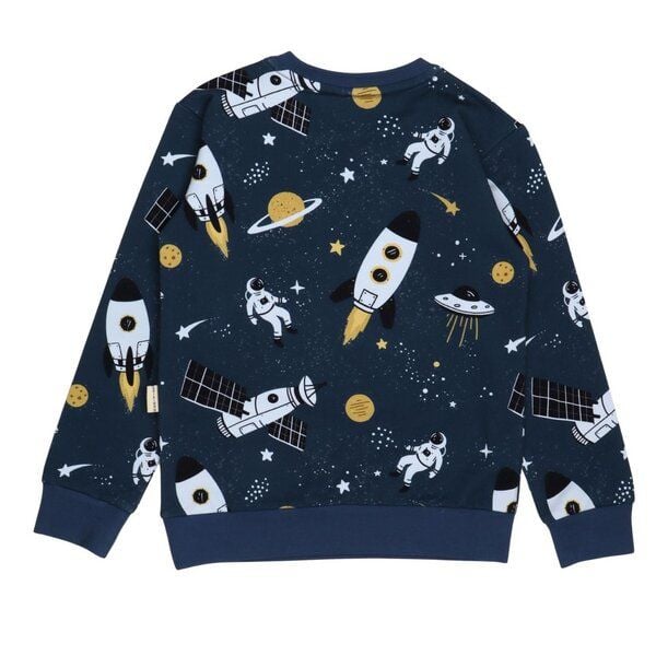 Kinder Sweatshirt Bio-Baumwolle GOTS "Space Trip" dunkelblau – veganes, fair produziertes Walkiddy Sweatshirt mit Weltraum-Print, kuschelig für Alltag, Kita und Schule von Walkiddy