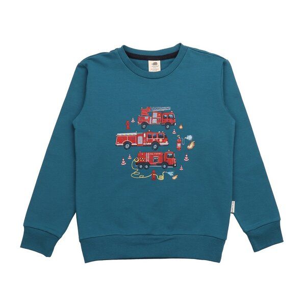 Kinder Sweatshirt GOTS-zertifiziert aus Bio-Baumwolle, petrol mit Feuerwehr-Motiv, langarm – Walkiddy, weich, hautfreundlich & alltagstauglich von Walkiddy