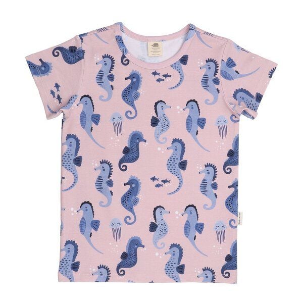 Kinder T-Shirt Bio-Baumwolle GOTS "Blue Seahorses" pink – veganes, fair produziertes Walkiddy Kindershirt mit Seepferdchen-Motiv für fröhliche Kids und empfindliche Haut von Walkiddy