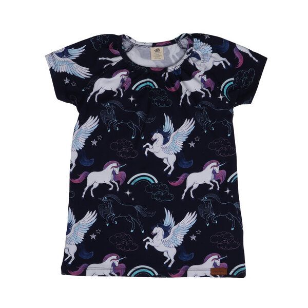 Kinder Tunika GOTS zertifiziert – Bio-Baumwolle, Dunkelblau mit Einhorn- & Pegasus-Motiv, Kurzarm | Walkiddy von Walkiddy