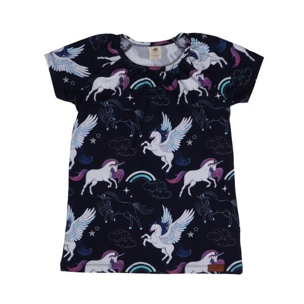 Kinder Tunika GOTS zertifiziert – Bio-Baumwolle, Dunkelblau mit Einhorn- & Pegasus-Motiv, Kurzarm | Walkiddy von Walkiddy