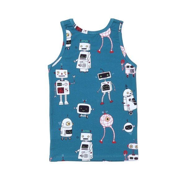 Kinder Unterhemd GOTS zertifiziert, blau, Roboter-Allover „Robots Friends“, weich – Walkiddy von Walkiddy