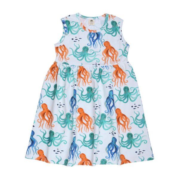 Kinderkleid Bio-Baumwolle Orange - Walkiddy Kurzarm mit lustigem Oktopus-Design, umweltfreundlich, elastisch, GOTS-zertifiziert. Perfekt für bewusste Fashionistas. von Walkiddy