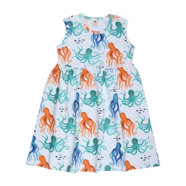 Kinderkleid Bio-Baumwolle Orange - Walkiddy Kurzarm mit lustigem Oktopus-Design, umweltfreundlich, elastisch, GOTS-zertifiziert. Perfekt für bewusste Fashionistas. von Walkiddy