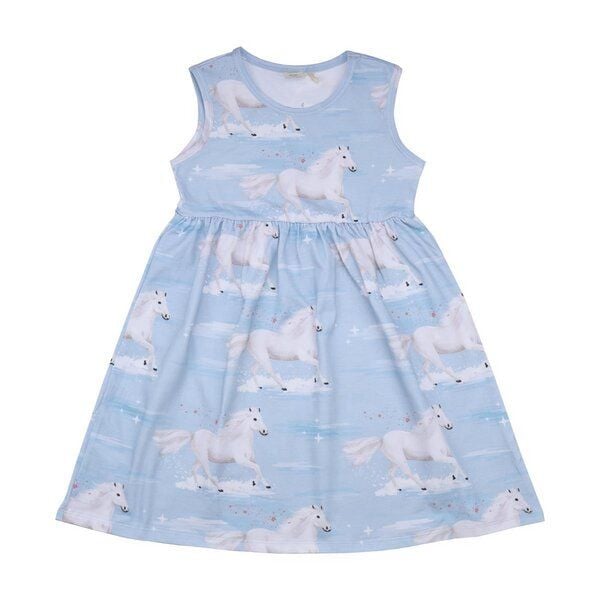 Kinderkleid Blau Kurzarm Bio Walkiddy – Nachhaltiges Baumwollkleid mit Pferdemotiv für Babys & Kleinkinder (Gr. 50-116) aus umweltfreundlicher Produktion. von Walkiddy