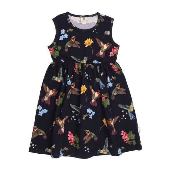 Mädchen Kleid ‚Hummingbirds Around Flowers‘ ärmellos aus Bio-Baumwolle – Walkiddy von Walkiddy