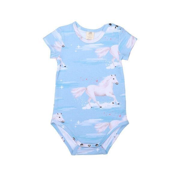Nachhaltiger Walkiddy White Horses Kurzarm-Body in Blau - Öko-Friendly Kinderkleidung – GOTS zertifiziert von Walkiddy