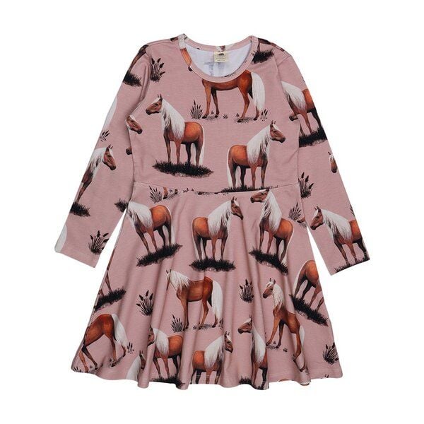 Kinder Kleid Bio-Baumwolle Beauty Horses von Walkiddy, GOTS-zertifiziertes, veganes Langarmkleid mit Pferdemotiv, weich und hautfreundlich, ideal für sensible Kinderhaut im Alltag, Kindergarten und zu Festen von Walkiddy