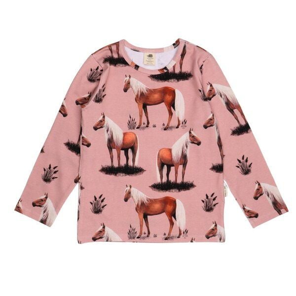 Langarmshirt Kinder Bio-Baumwolle Beauty Horses rosa GOTS zertifiziert weiches Jerseyshirt von Walkiddy für Mädchen hautfreundlich vegan nachhaltige Pferdemotiv Mode für Alltag Kita Schule von Walkiddy