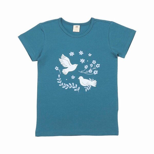 Walkiddy Blue Birds and Flowers – Dunkelblaues Bio-Mädchen T-Shirt | GOTS-zertifiziert, vegan und elastisch von Walkiddy