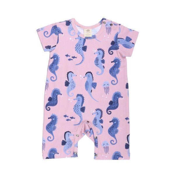 Strampler Baby Rosa Bio-Baumwolle Kurzarm GOTS-zertifiziert Walkiddy Nachhaltig - Blue Seahorses von Walkiddy