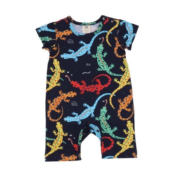Baby Strampler Bio-Baumwolle Dunkelblau - Walkiddy Colorful Salamanders, nachhaltiger Kurzarm mit tierischen Motiven für umweltbewusste Eltern. von Walkiddy