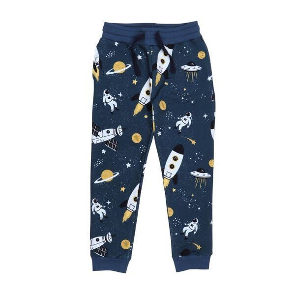 Walkiddy Jogginghose Kinder Baumwolle Space Trip blau, bequeme Sweathose mit elastischem Bund & Bündchen für Schule & Freizeit – Cotokids von Walkiddy