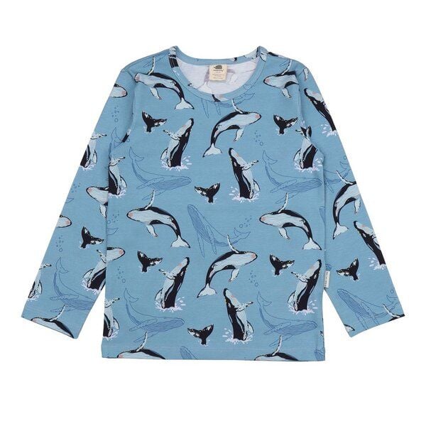 Kinder T-Shirt Bio-Baumwolle GOTS "Jumping Whales" blau – veganes, fair produziertes Walkiddy Kindershirt für empfindliche Haut, Alltag, Kita und Schule von Walkiddy