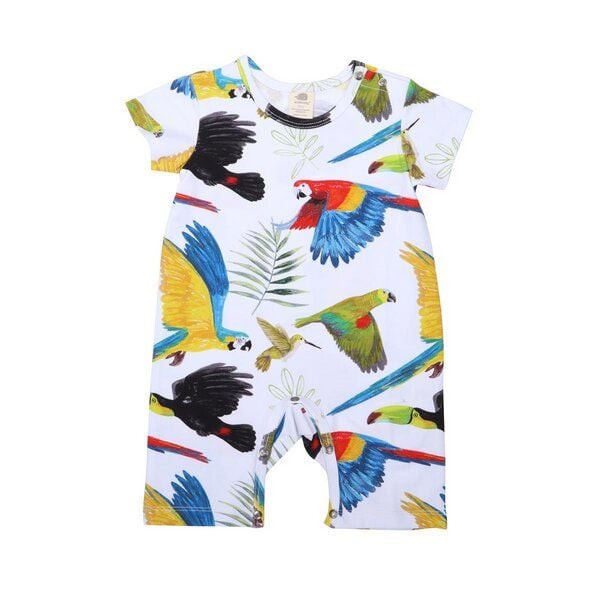 Walkiddy Regenwaldvogel Blauer Bio-Strampler Kurzarm - Nachhaltige Babykleidung – GOTS zertifiziert von Walkiddy