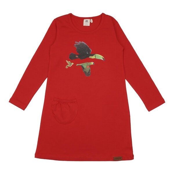 Baby Langarmkleid Bio-Baumwolle Birds of the Rainforest Rot Walkiddy, GOTS-zertifiziert, vegan, weiche Jersey Tunika für empfindliche Kinderhaut, nachhaltiges Kleid für Alltag, Kindergarten & besondere Anlässe von Walkiddy