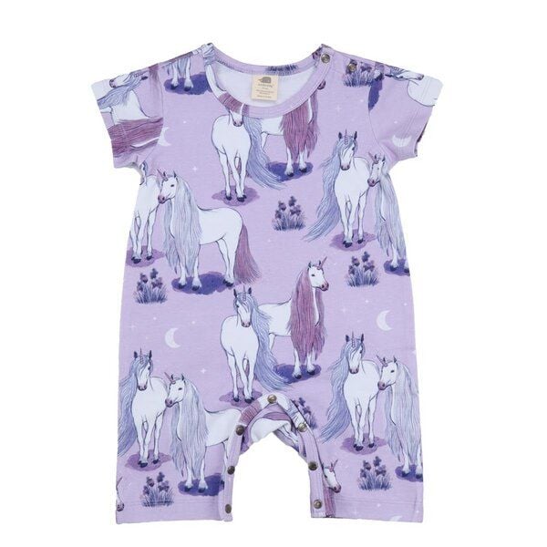 Bio-Baumwolle Strampler kurz Arm in Lila, Unicornland by Walkiddy - Nachhaltig & Allergikerfreundlich – GOTS zertifiziert von Walkiddy