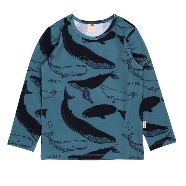 Langarmshirt Kinder Bio-Baumwolle Whale Friends blau GOTS zertifiziert weiches Walkiddy Jerseyshirt mit Walen Motiv hautfreundlich vegan nachhaltige Kinder Mode für Alltag Kita Strand von Walkiddy