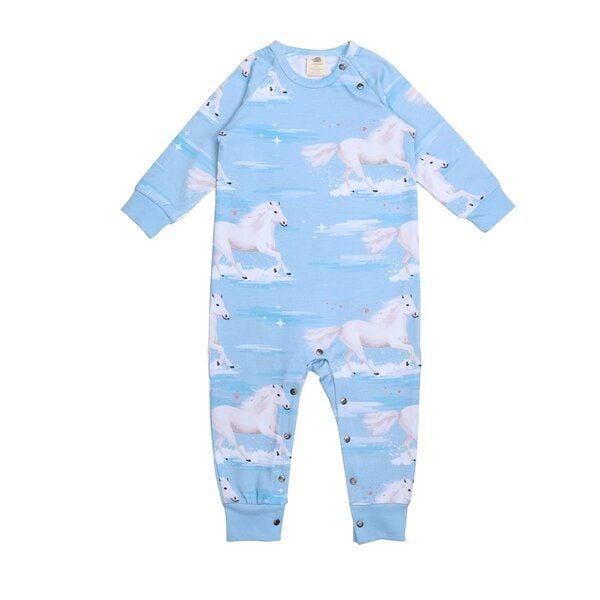 Walkiddy Eco-friendly Blauer Strampler White Horses - Langarm, Allergiker Geeignet – GOTS zertifiziert von Walkiddy