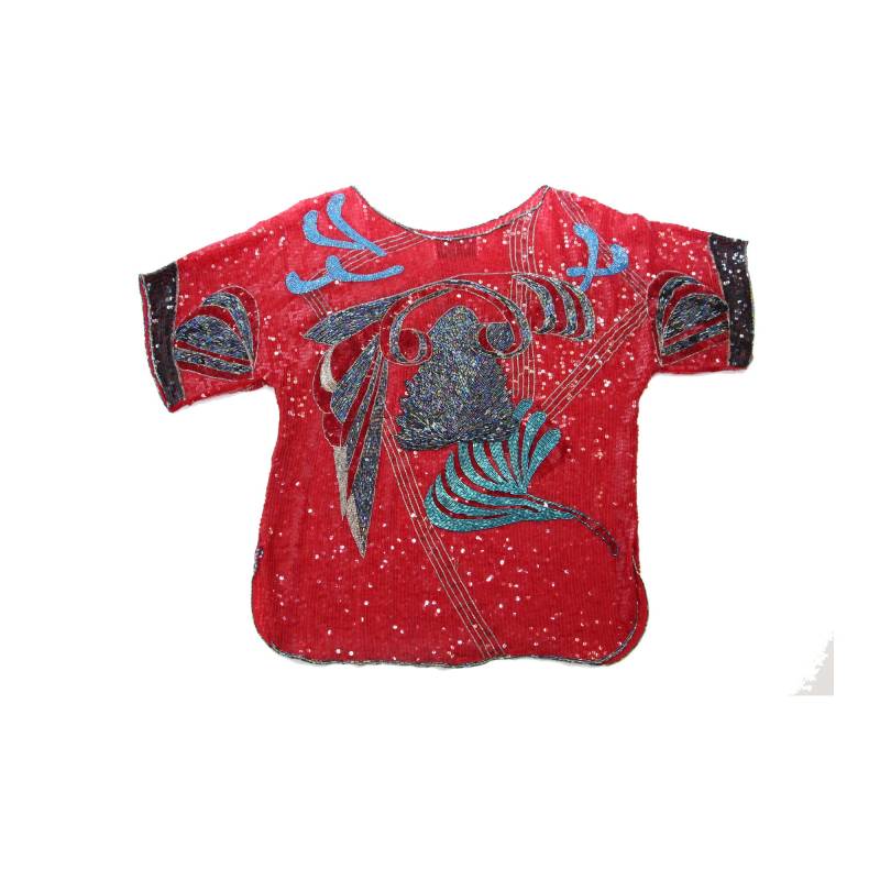 Fabelhafte Jahrgang Der 1980Er Jahre St.martin Pailletten Top Rot Blau Schwarz Größe M-L von WalkinVintage