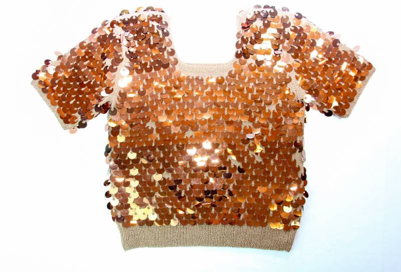 Glam Jahrgang 1960Er Jahre Pullover Beige Glam Pailletten Stricken Perlen Größe S-M von WalkinVintage