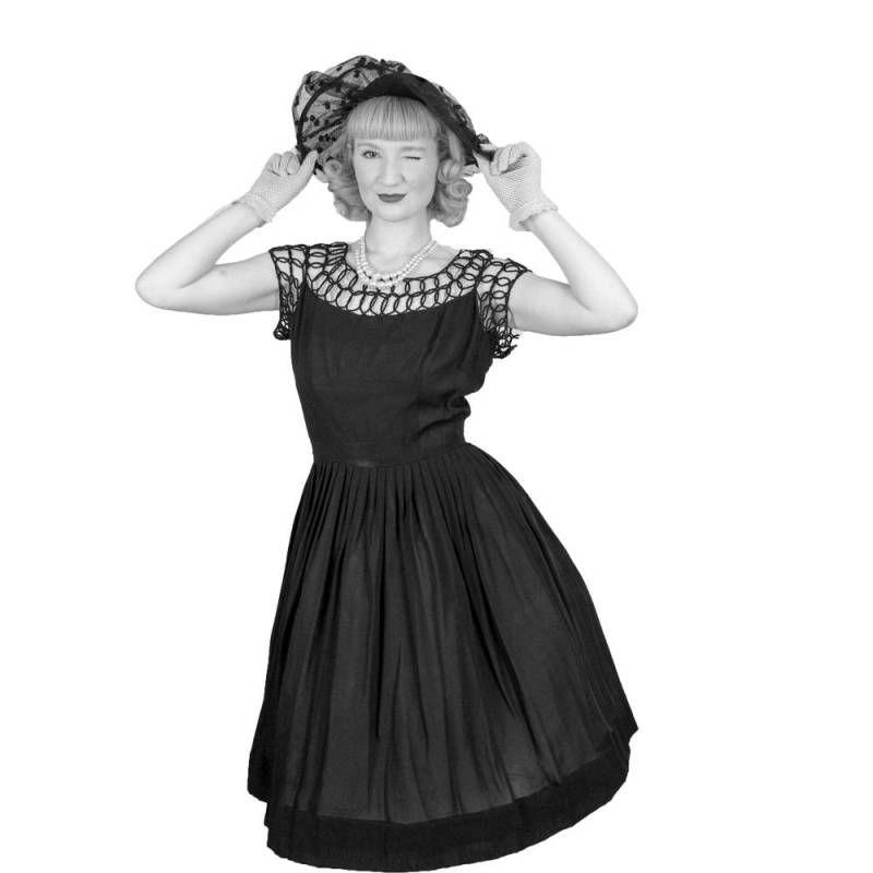 Seltene Vintage 1950Er Jahre Kleid, Schwarz Rockabilly Rock Spitzen Gewebt Seil Mieder Detail Neuen Look Größe S-M von WalkinVintage