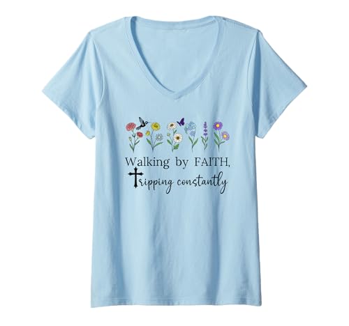 Damen Walking by Faith Tripping Constantly Jesus Cross Christian T-Shirt mit V-Ausschnitt Damen Walking by Faith Tripping Constantly Jesus Cross Christian T-Shirt mit V-Ausschnitt von Walking By Faith Tripping Constantly T Shirt Cross