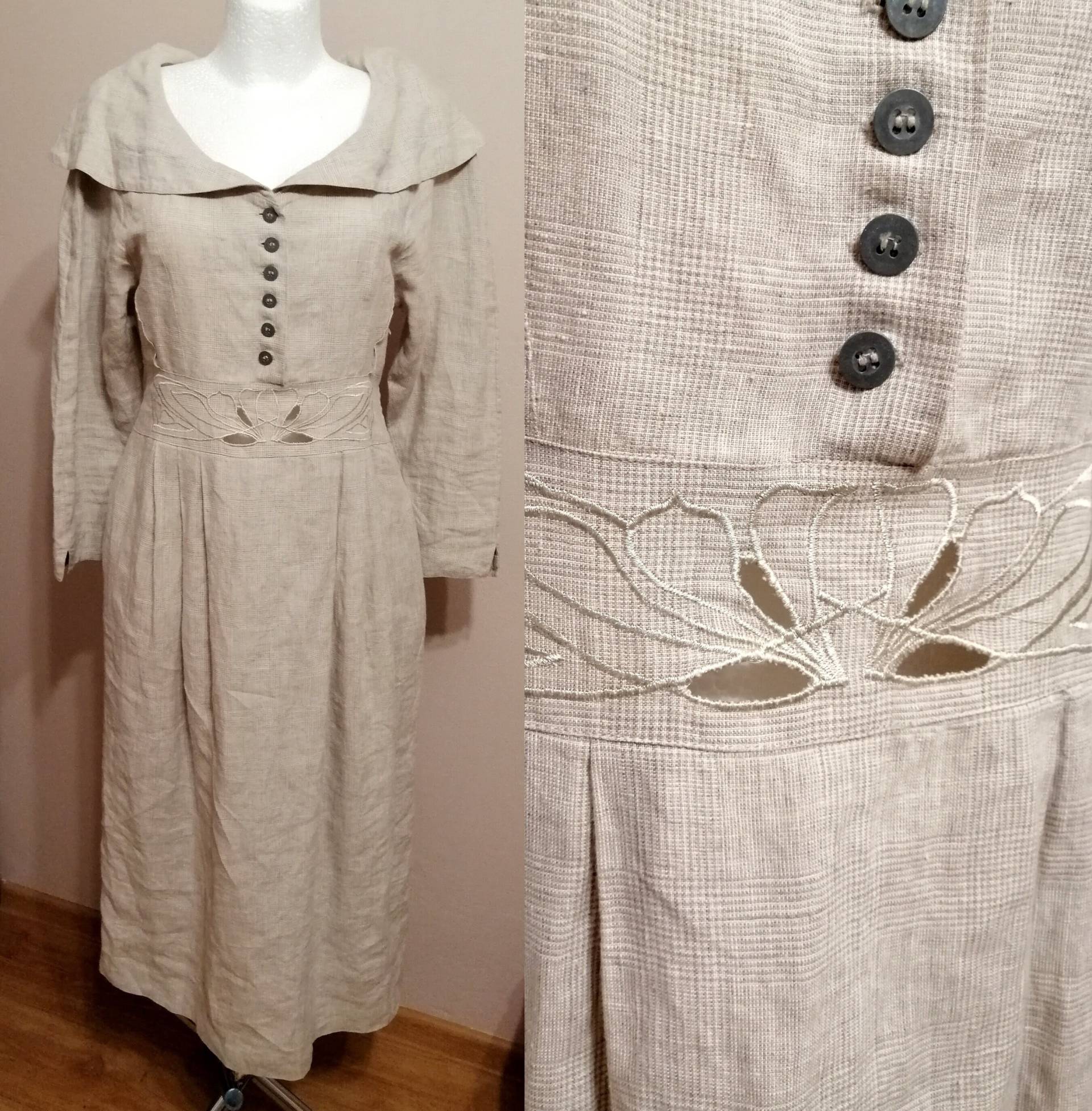 Vintage Leinen 90Er Jahre Kleid Beige, Mit Stickerei, Naturmaterial | Größe M Medium Bis L Large, Langarm, Dirndl, Bawaria, Trachten Vintage Leinen 90Er Jahre Kleid Beige, Mit Stickerei, Naturmaterial | Größe M Medium Bis L Large, Langarm, Dirndl, Bawaria, Trachten von WalkingStrangerStore