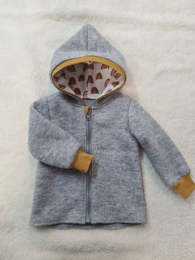 Walkjacke Walk Hellgrau Bündchen Senfgelb Regenbogen Mit Reißverschluss Und Kapuze Futter Individuell Gestalten von Walkoon