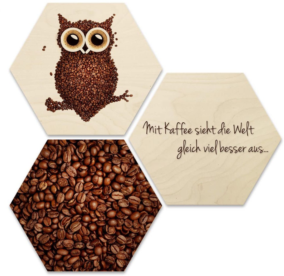 Wall-Art Mehrteilige Bilder "Collage Kaffee Eule Holzdeko", Schriftzug, (Set, 3 St.) von Wall-Art