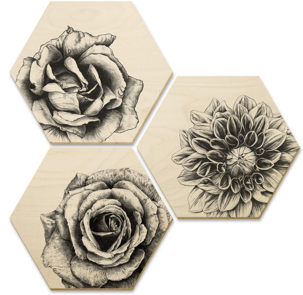 Wall-Art Mehrteilige Bilder "Hexagon Holzbilder Blumen Set", (Set, 3 St.) von Wall-Art