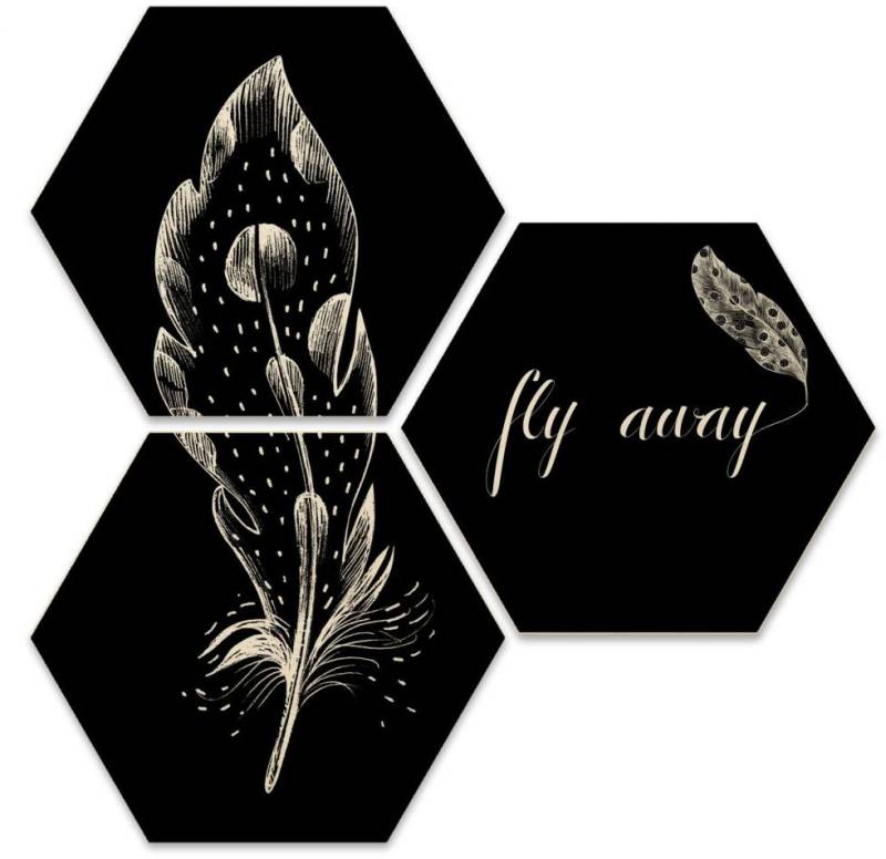 Wall-Art Mehrteilige Bilder "Hexagon Set Fly away Feder", (Set, 3 St.) von Wall-Art