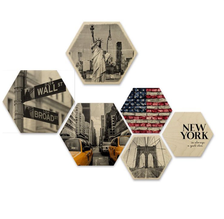 Wall-Art Mehrteilige Bilder "New York Collage Stadt Holzdeko", (Set, 6 St., Dekorative Wanddekoration) von Wall-Art