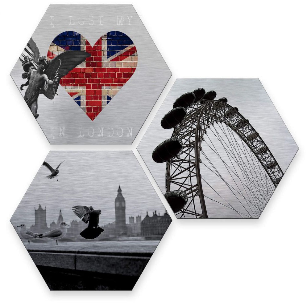 Wall-Art Mehrteilige Bilder "Silber London Stadt Collage", (Set, 3 St.) von Wall-Art