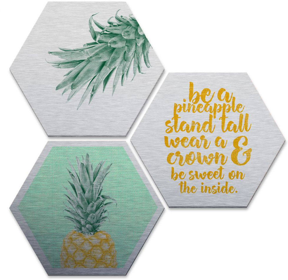 Wall-Art Mehrteilige Bilder "Silbereffekt Ananas Spruch", (Set, 3 St., Im 3-teiligen Set) von Wall-Art