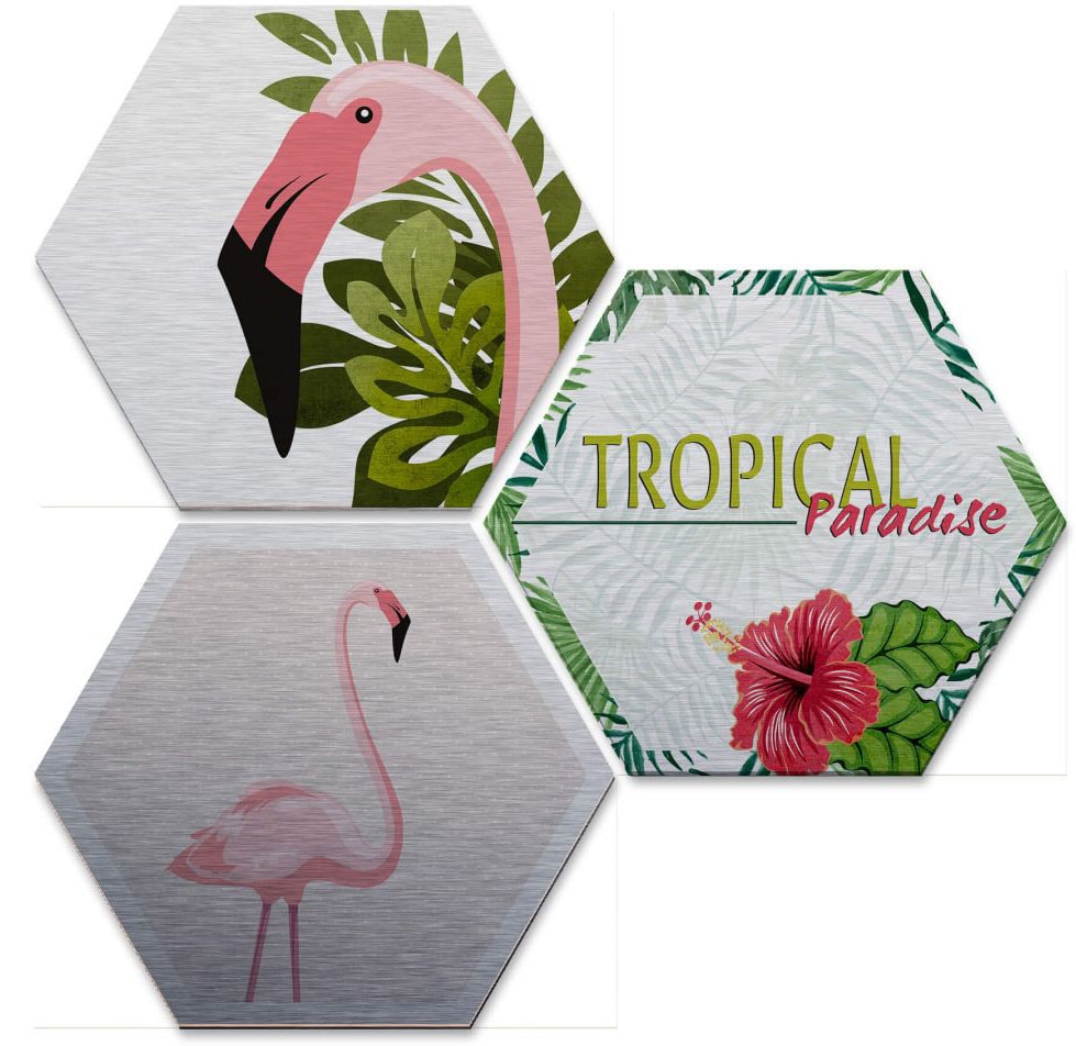 Wall-Art Mehrteilige Bilder "Silbereffekt Flamingo Set", Grundriss, (Set, 3 St.) von Wall-Art