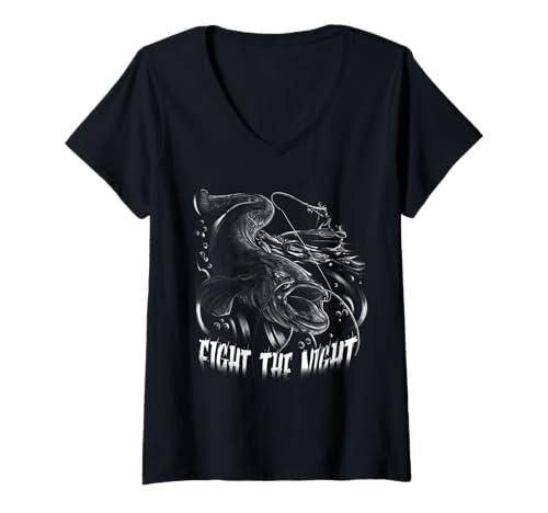 Damen Wels Angeln Nachtangler Fight The Night Catfish Fishing T-Shirt mit V-Ausschnitt Damen Wels Angeln Nachtangler Fight The Night Catfish Fishing T-Shirt mit V-Ausschnitt von Waller Motive für Ansitz oder Alltag