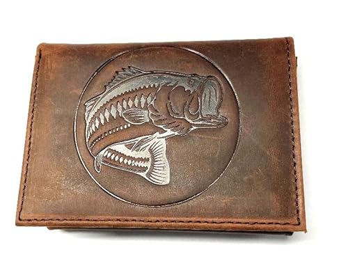 Bass Fishing Trifold Wallet Rugged "Crazy Horse" Leder RFID-geschützt, Braun, Einheitsgröße, Dreifach gefaltete Brieftasche von Wallets Plus