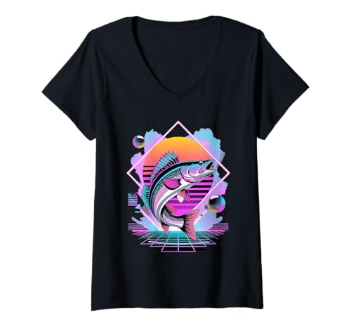 Damen Retro Synthwave Zander Fisch Angeln Angler T-Shirt mit V-Ausschnitt Damen Retro Synthwave Zander Fisch Angeln Angler T-Shirt mit V-Ausschnitt von Walleye Fish Angler Gifts