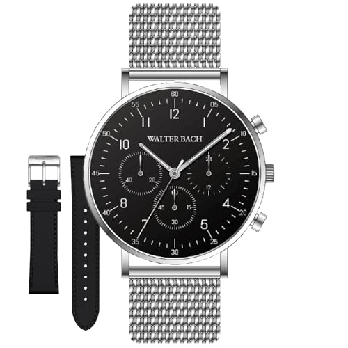 Walter Bach Herren Uhr Mit Chronograph Quarzwerk - Silberne Armbanduhr Mit Schwarzem Ziffernblatt & Leder-Wechselarmband - 40 mm Durchmesser & Gehärtetes Mineralglas - in Geschenkbox Walter Bach Herren Uhr Mit Chronograph Quarzwerk - Silberne Armbanduhr Mit Schwarzem Ziffernblatt & Leder-Wechselarmband - 40 mm Durchmesser & Gehärtetes Mineralglas - in Geschenkbox von Walter Bach
