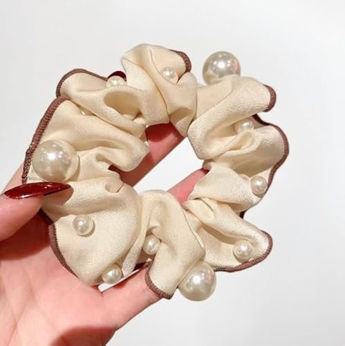 2 Stück Haargummis für Damen elastische Haarbänder Satin Scrunchies Haarreifen Pferdeschwanzhalter Breite Rand Scrunchie Haarschmuck Breite HaarbandBeige (Perlen-Haarband) von Waltonalice