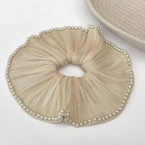 2 Stück Haargummis für Damen elastische Haarbänder Satin Scrunchies Haarreifen Pferdeschwanzhalter Breite Rand Scrunchie Haarschmuck Breite HaarbandCremefarben (Haarband mit Glitzerperlen) von Waltonalice