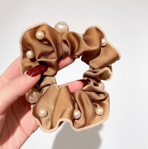 2 Stück Haargummis für Damen elastische Haarbänder Satin Scrunchies Haarreifen Pferdeschwanzhalter Breite Rand Scrunchie Haarschmuck Breite HaarbandKaffeebraun (Perlen-Haarband) von Waltonalice