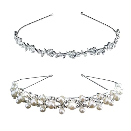 Waltonalice 2 Stück Strassstein-Haarbänder Perle Hochzeit Stirnband Silber bride haarreif Hochzeitszubehör haarreifen damen glitzer für Hochzeiten Partys Proms Perlen-Haarband + Blumen-Haarband von Waltonalice