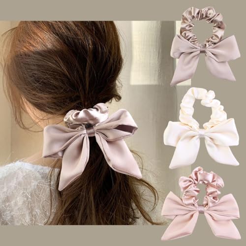Waltonalice 3 Stück Haargummis für Damen elastische Haarbänder Satin Scrunchies Haarreifen mit Schleife Pferdeschwanzhalter Breite Rand Scrunchie Haarschmuck Breite Haarband von Waltonalice