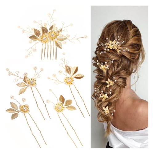Waltonalice 5 Stück Braut-Haarkamm Haarschmuck Hochzeit Abschlussball Haarschmuck U-Förmig Braut Haarnadeln Vintage Kopfstück gold für Brautjungfern Braut Damen Mädchen Goldenes Haarschmuck-Set von Waltonalice