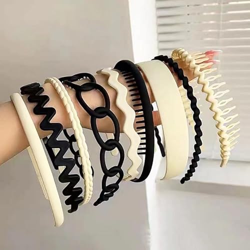 Waltonalice 9 Stück Haarreifen Haarband Damen Elastisches Haarbänder Zickzack Haarreif Kunststoff-Kopfband Hair Hoop für Frauen Mädchen haarreifen für Sport Yoga Make-up Waschen Schwarz+Cremefarben von Waltonalice