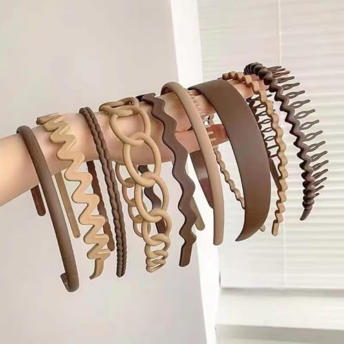Waltonalice 9 Stück Haarreifen Haarband Damen Elastisches Haarbänder Zickzack Haarreif Kunststoff-Kopfband Hair Hoop für Frauen Mädchen haarreifen für Sport Yoga Make-up Waschen Kaffeebraun + Khaki von Waltonalice