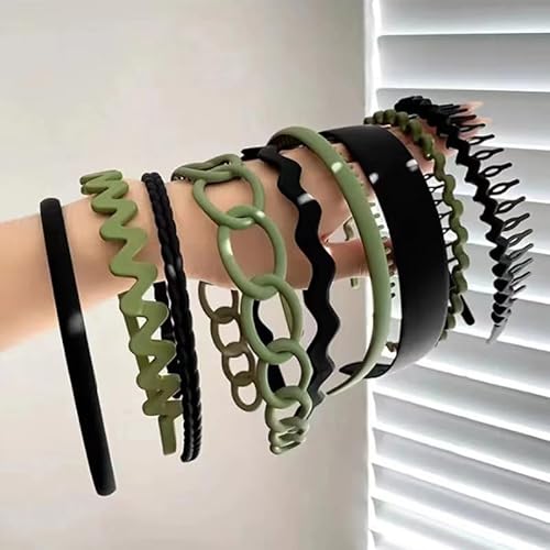 Waltonalice 9 Stück Haarreifen Haarband Damen Elastisches Haarbänder Zickzack Haarreif Kunststoff-Kopfband Hair Hoop für Frauen Mädchen haarreifen für Sport Yoga Make-up Waschen Schwarz + Grün von Waltonalice